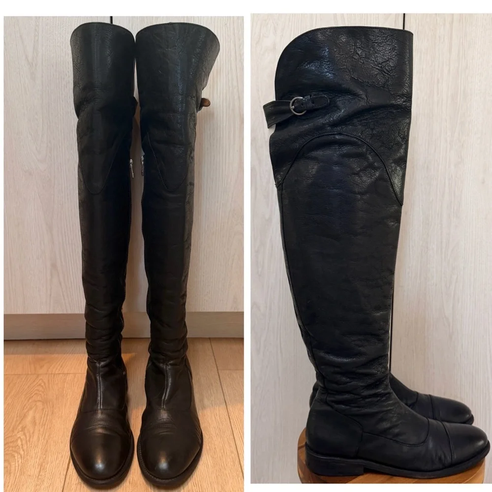 All Saints women’s Black Leather Over-the-Knee buckle zip up Riding Boots  37